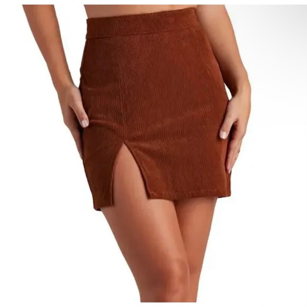 Windsor Corduroy High-Rise Mini Skirt w/ Side Slit Brown Size L